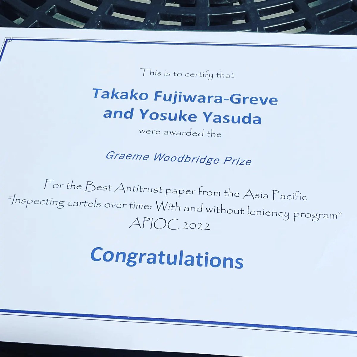 yosukeyasuda's tweet photo. Our paper on theoretical IO,
"Inspecting Cartels over Time: With and without Leniency Program" with Takako Fujiwara-Greve,
received Graeme Woodbridge Prize (the best antitrust paper) from the #APIOC 2022 conference😉

The link for the manuscript is here:
https://t.co/KA2BFtE1Em https://t.co/Xvgra1g2Sv