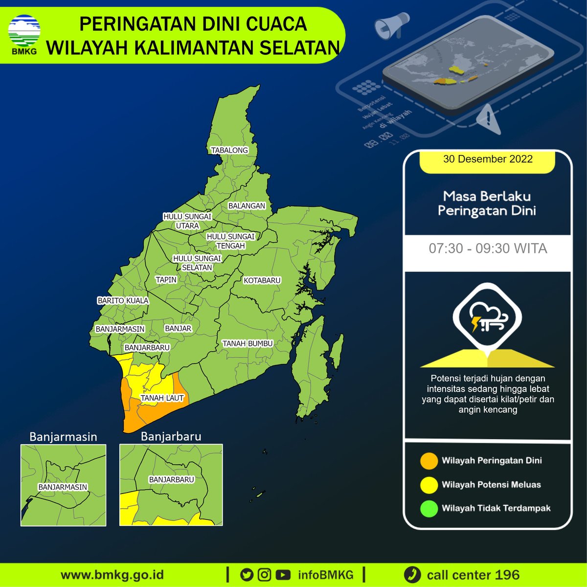 infoBMKG's tweet photo. Update Peringatan Dini Cuaca Wilayah - Kalimantan Selatan Tgl. 30 Desember 2022 pkl. 07:30 WITA
Prakirawan - BMKG - Kalimantan Selatan
https://t.co/TTn8pu1Qpk https://t.co/nMaRRQBX8e