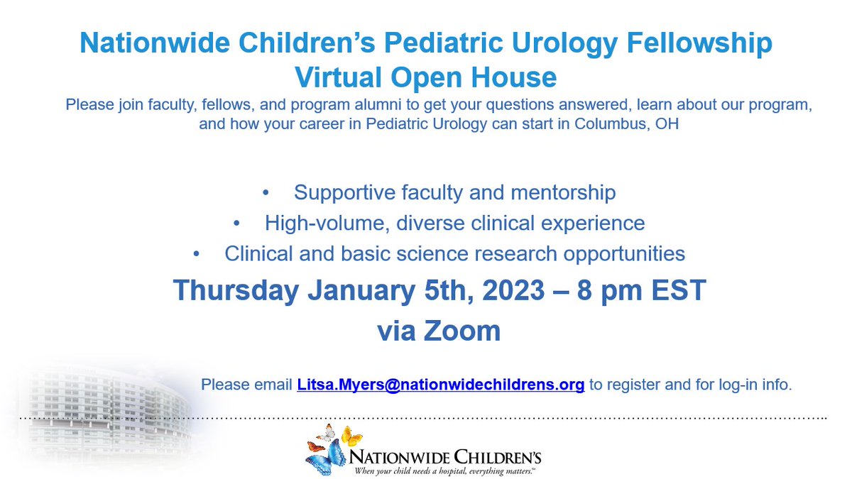 Pediatric Urology, Nationwide Children's Hospital (@nchurology) on Twitter photo ONE WEEK FROM TODAY! Ped Urology Fellowship virtual open house <a href="/NCHUrology/">Pediatric Urology, Nationwide Children's Hospital</a>. Come meet us and learn about our outstanding program! <a href="/SPU_Urology/">SPU_Urology</a> <a href="/AmerUrological/">Amer. Urol. Assn.</a> <a href="/OSU_Urology/">Ohio State Wexner Medical Center Urology Dept.</a> <a href="/Uro_Res/">The Urology Applicant ⚕</a> <a href="/NCHKidneyCenter/">NCH Kidney Center</a> @NCHforFellows ONE WEEK FROM TODAY! Ped Urology Fellowship virtual open house <a href="/NCHUrology/">Pediatric Urology, Nationwide Children's Hospital</a>. Come meet us and learn about our outstanding program! <a href="/SPU_Urology/">SPU_Urology</a> <a href="/AmerUrological/">Amer. Urol. Assn.</a> <a href="/OSU_Urology/">Ohio State Wexner Medical Center Urology Dept.</a> <a href="/Uro_Res/">The Urology Applicant ⚕</a> <a href="/NCHKidneyCenter/">NCH Kidney Center</a> @NCHforFellows
