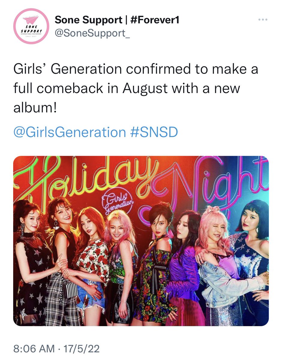 SoneSupport_'s tweet photo. Before 2022 ends, quote tweet this with your favorite GIRLS’ GENERATION moments of the year!   

Mine has to be this official announcement 🥹 

@GirlsGeneration #SNSD https://t.co/pSLTT1esLz