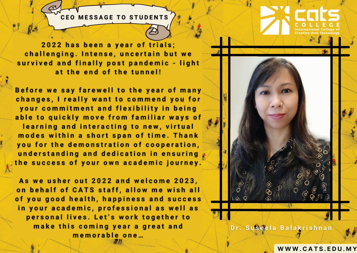 CATScollege's tweet photo. Happy New Year!🥳🎉 from all of us at #CATScollege

A message from CEO of International College of Creative Arts Technology @DrSuseela1 

#NewYear2023 #NewYear #InternationalCollege #Diploma #MediaTechnology #AudioProduction #NewYearResolution https://t.co/7z24VBcGuz