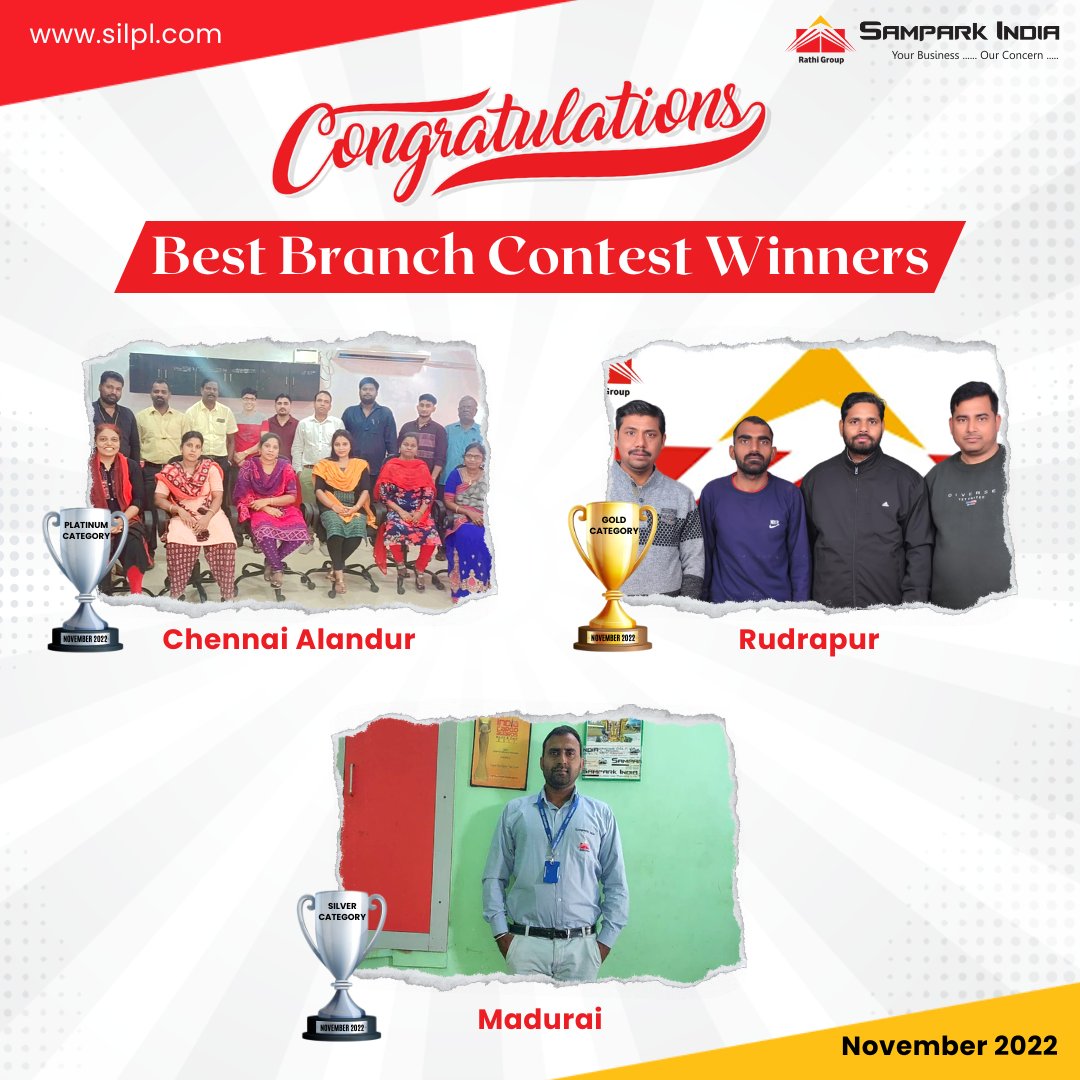 SilplIndia's tweet image. #Congratulations to all the #BestBranch Contest Winners - November 2022 in platinum, gold &amp;amp; silver category. We look forward to upcoming winners &amp;amp; continued success! Keep it up 👍
.
.
.
.
#contest #contestwinners #chennaialandurbranch #rudrapurbranch #maduraibranch #samparkindia