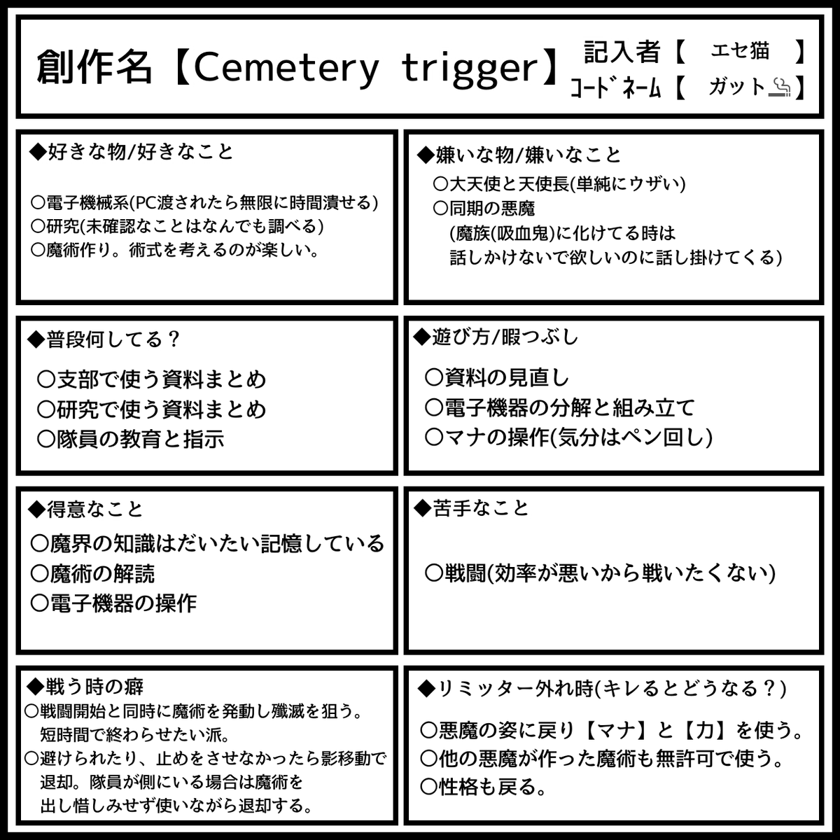 #Cemetery_trigger_ガット
#Cemetery_trigger_資料_キャラ設定
テコ入れ終了。変更あるかも。 https://t.co/dTo6y5l4E4 