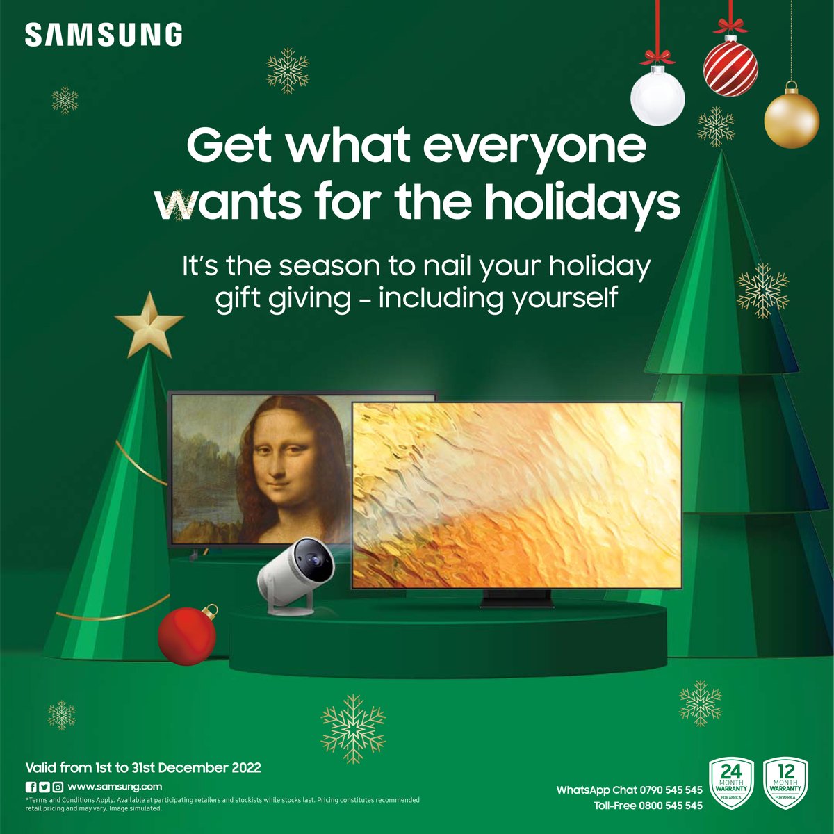 SamsungKE's tweet photo. It's the season to nail your festive gift giving. 🥳 🥳
Take advantage of our offers while stocks last. Offer valid until 31st December 2022.
#TheFreestyle
#FrameTV
#NeoQLED
#MoreWithSamsung
#SamsungLifestyle https://t.co/RJORFg2Od9