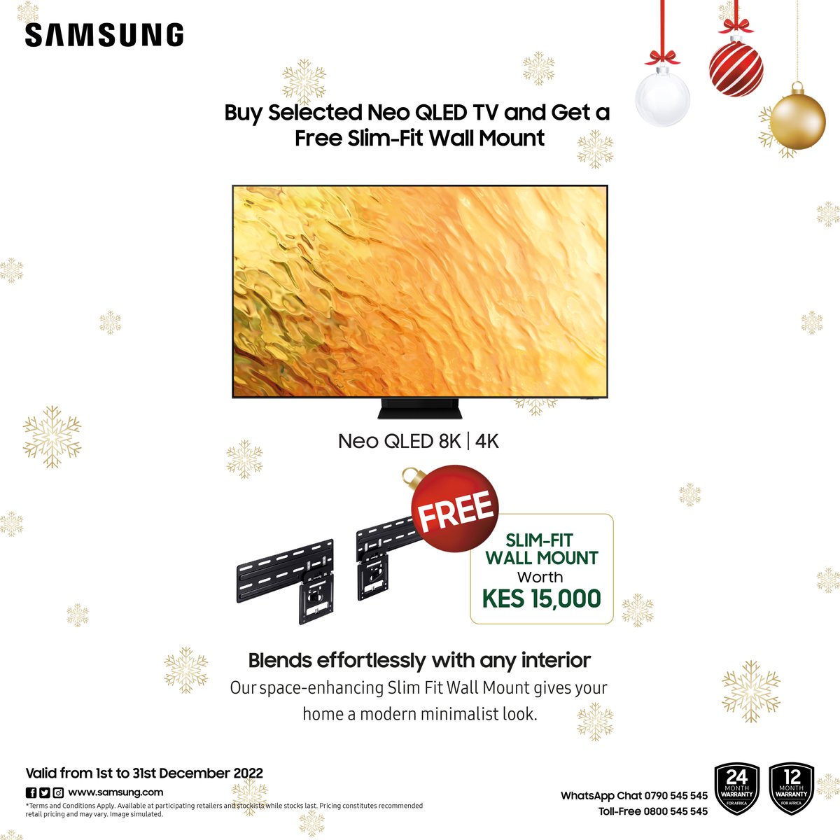 SamsungKE's tweet photo. It's the season to nail your festive gift giving. 🥳 🥳
Take advantage of our offers while stocks last. Offer valid until 31st December 2022.
#TheFreestyle
#FrameTV
#NeoQLED
#MoreWithSamsung
#SamsungLifestyle https://t.co/RJORFg2Od9