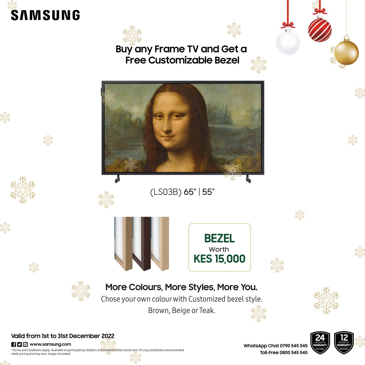 SamsungKE's tweet photo. It's the season to nail your festive gift giving. 🥳 🥳
Take advantage of our offers while stocks last. Offer valid until 31st December 2022.
#TheFreestyle
#FrameTV
#NeoQLED
#MoreWithSamsung
#SamsungLifestyle https://t.co/RJORFg2Od9