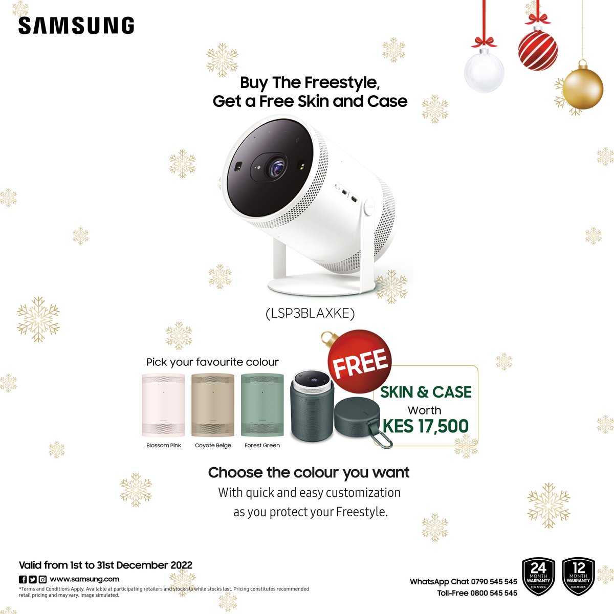 SamsungKE's tweet photo. It's the season to nail your festive gift giving. 🥳 🥳
Take advantage of our offers while stocks last. Offer valid until 31st December 2022.
#TheFreestyle
#FrameTV
#NeoQLED
#MoreWithSamsung
#SamsungLifestyle https://t.co/RJORFg2Od9