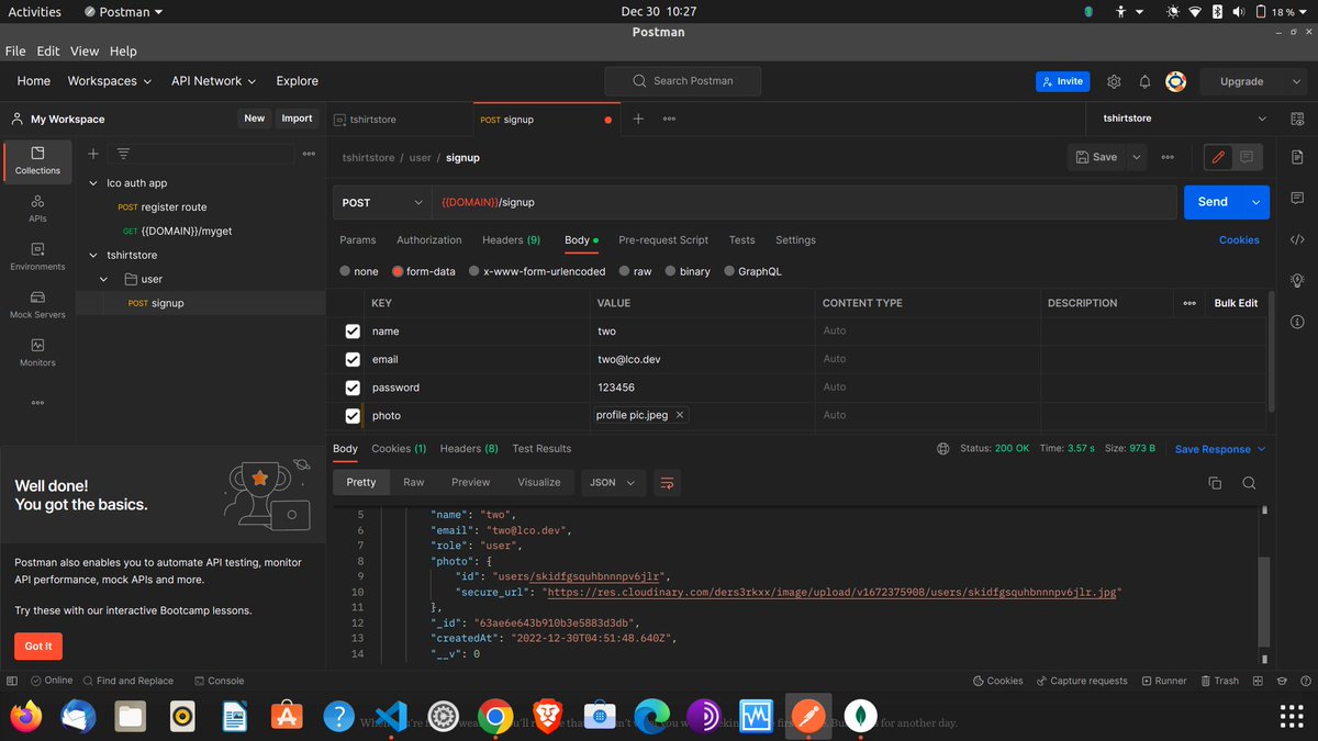 saadat_1997's tweet image. 🔴 Day 21 #100DaysOfCode
Added Cloudinary to my app to handle images and successfully tested it using Postman form-data ✅
#iwritecode