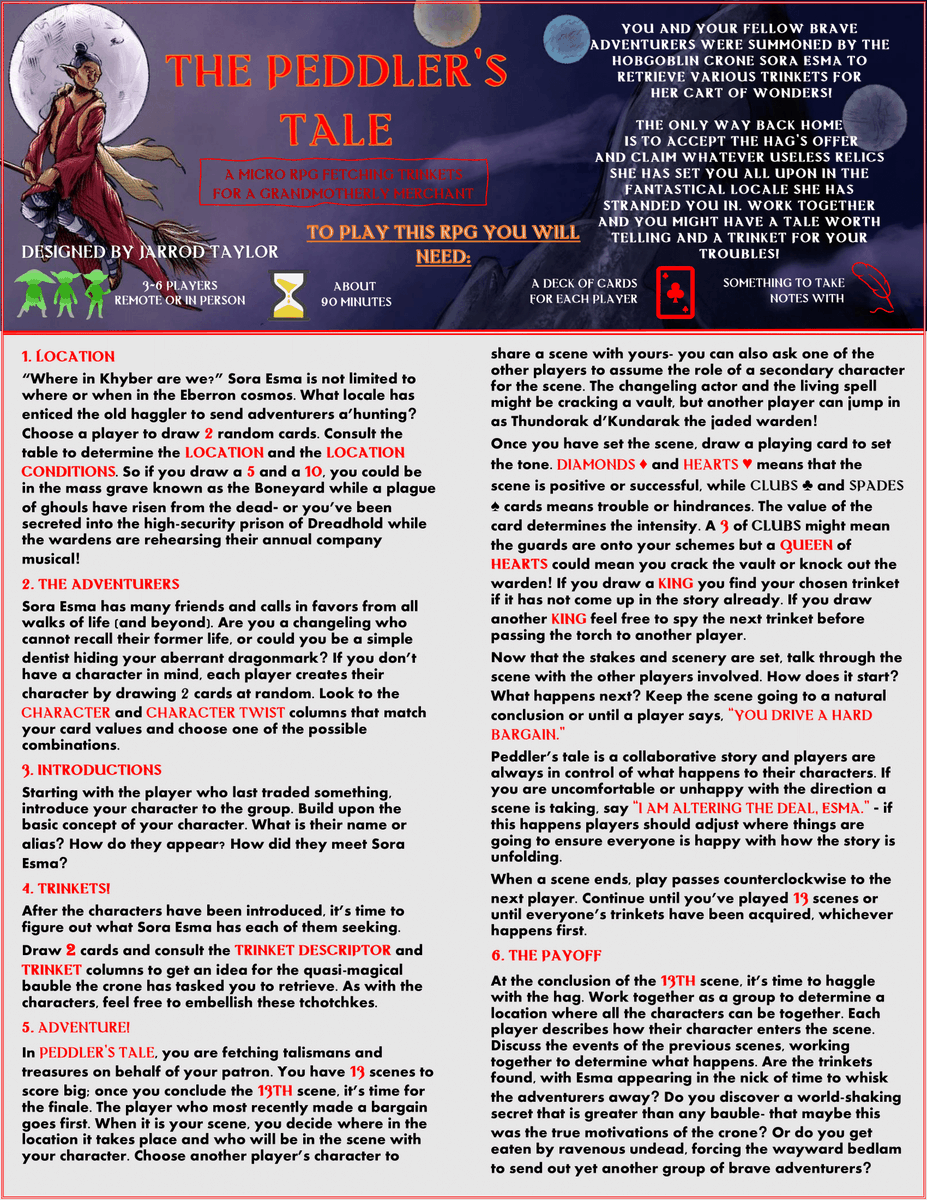 SoraKell's tweet photo. I present The Peddler's Tale- an Eberron micro-RPG all about retrieving trinkets for Sora Esma in wonderful Eberron locales! Please enjoy and let me know if you run this! #Eberron #trinkets #hag #microrpg #cards https://t.co/ZpuOn3BRd6