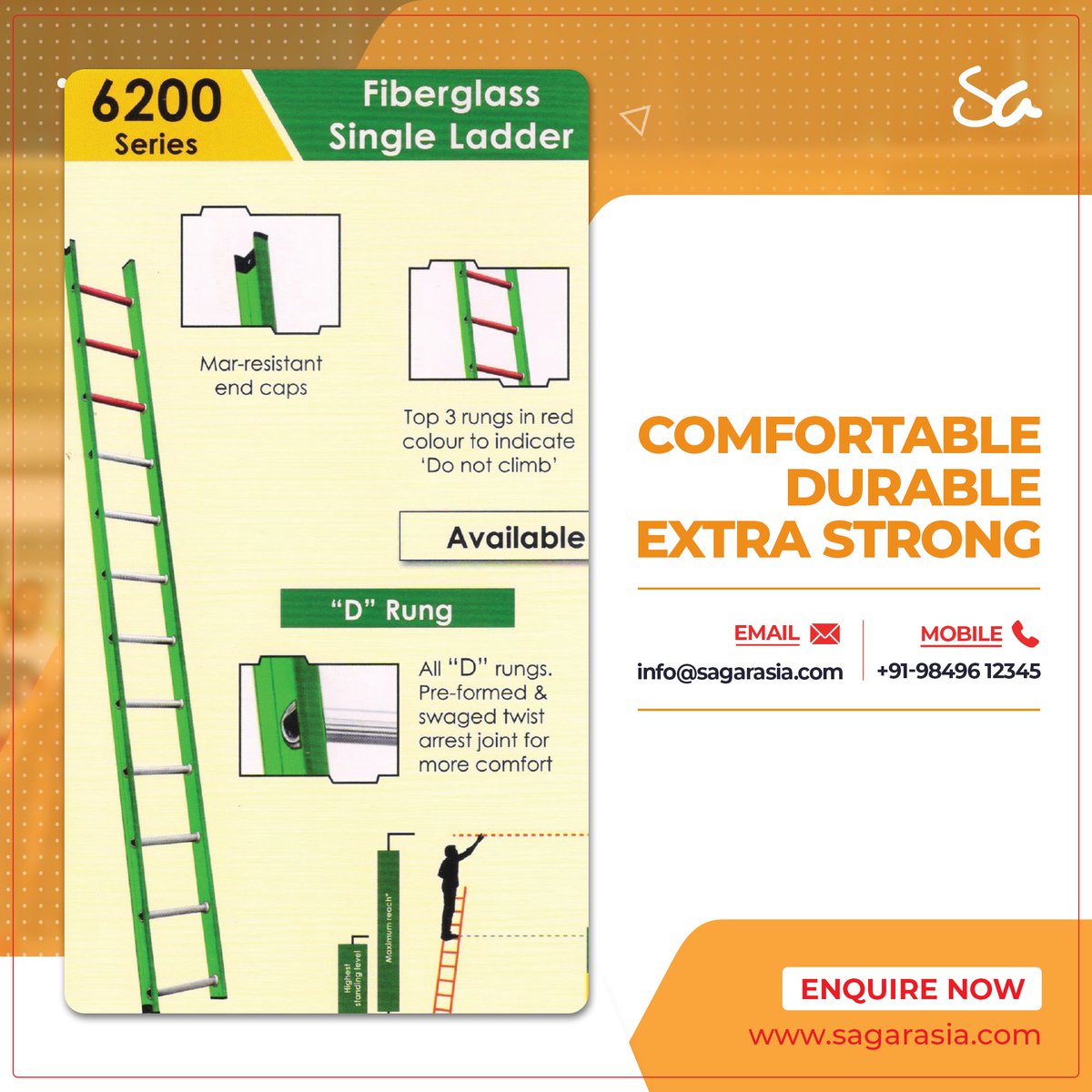 Safety features of this Single Ladder: 👉 Non-conductive fiberglass side rails 👉 Top 3 rungs red - “Do not climb” 👉 Non-slip shoes. Mar-resistant end caps at the top

Email id: info@sagarasia.com
Mobile: +91-98496 12345

#Liberti #SagarAsia #FibreglassLadders #SingleLadder