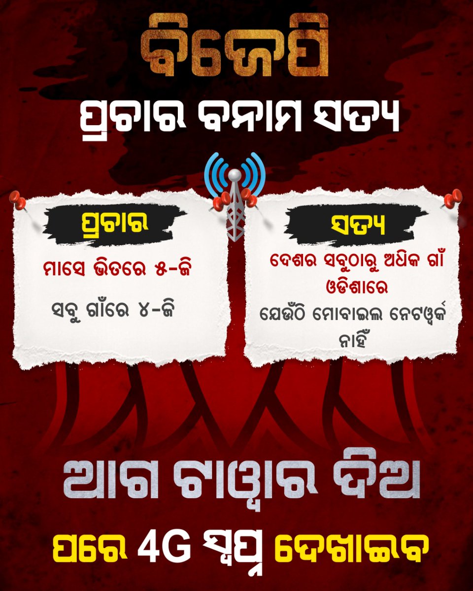 ମିଛ କହିବା ବନ୍ଦ କରୁ ବିଜେପି। ଖାଲି ପ୍ରଚାରରେ ମାତିଲେ ହେବନି, ସତ ଜାଣିବା ବି ଦରକାର। ଓଡିଶାର ୬୨୭୮ ଗାଁକୁ ମୋବାଇଲ ନେଟୱର୍କ ଆସୁନି। ୫-ଜି କେମିତି ସମ୍ଭବ ହେବ ? ଆଗ ଟାୱାର ବସାଅ, ପରେ ୪-ଜି କଥା କହିବ।