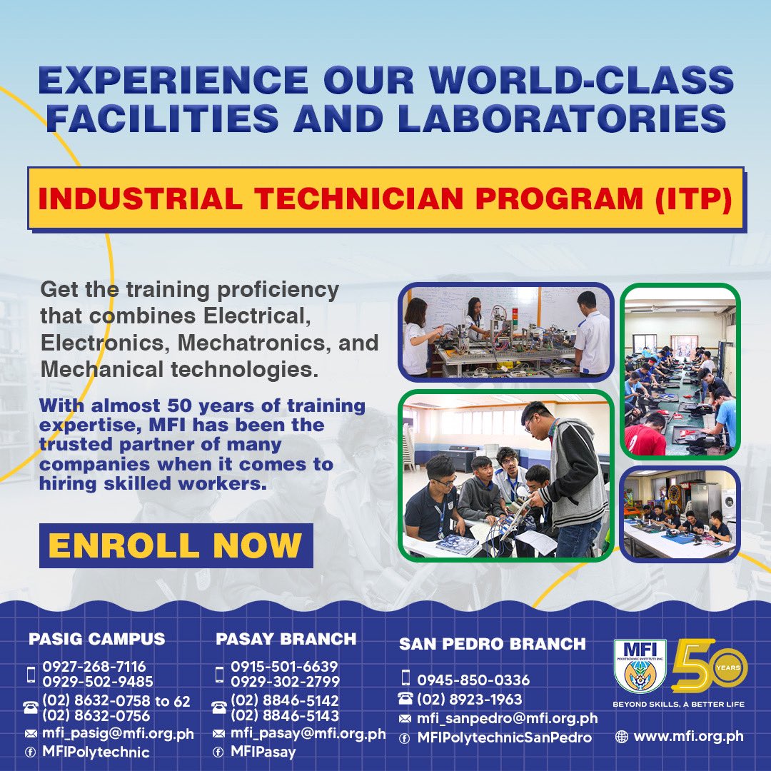 MFIPolytechnic's tweet photo. Enroll in our ITP, and experience our world-class facilities and laboratories. 

For those interested applicants, you may click the link below to register: https://t.co/HwO7o0urKN

#MFI #DualTrainingSystem #IndustrialTechnicianProgram #BeyondSkillsABetterLife https://t.co/iwqjsGsTfV