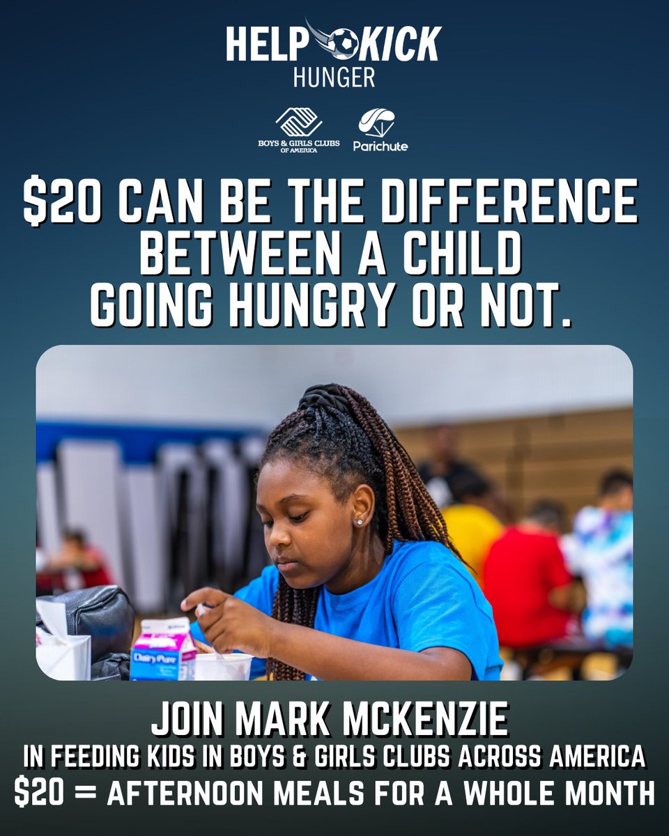 parichuteapp's tweet image. No child should ever go hungry--just $20 ensures that they won't. 

Donate to @MarkMckenzie4's  #HelpKickHunger booster on Parichute to feed kids in Boys &amp;amp; Girls Clubs (@BGCA_Clubs) across America and your donation will be matched through December 31.🔥
👉parichute.co/3G1VgDZ