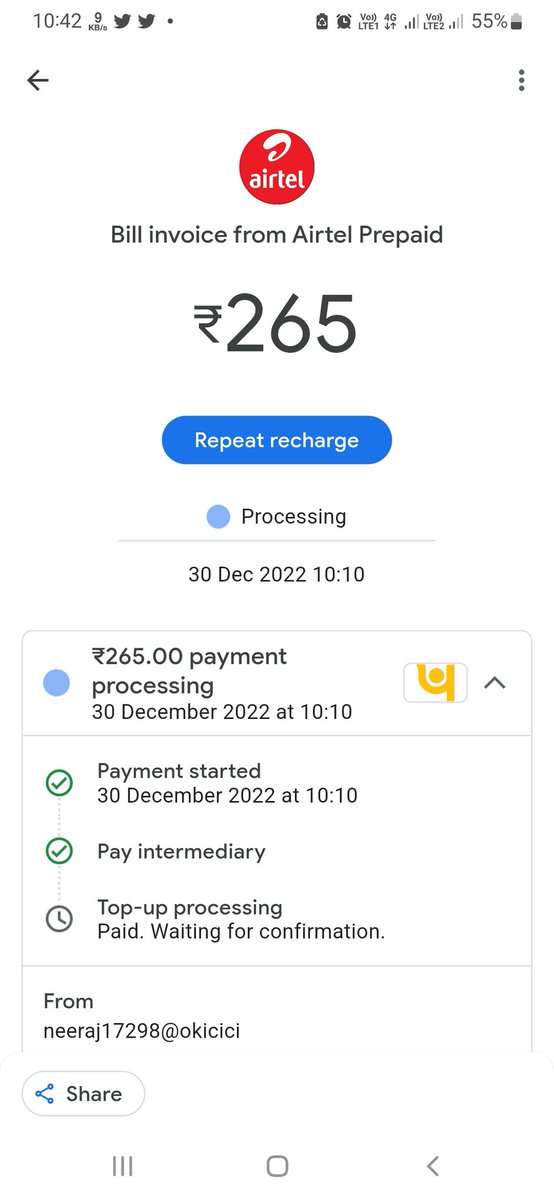 Neeraj123496's tweet photo. I did airtel recharge of 265 from google pay and my money got deducted but still in recharge process. And when I talked to customer care they said money will be refunded in 2 working days.  Google Pay service is becoming useless day by day.
@GooglePay @GooglePayIndia https://t.co/BzTQdtA8XD