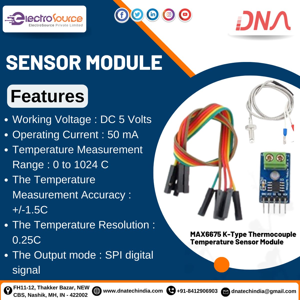dnatechindia's tweet image. Sensor Module
MAX6675 K-Type Thermocouple Temperature Sensor Module
#sensormodule #module #thermocouple #temperature #workingvoltage #volts #opeartingcurrent #measurement #range #accuracy #resolution #outputmode #digitalsignal #electronics #ComponentesElectronicos #nashikcity