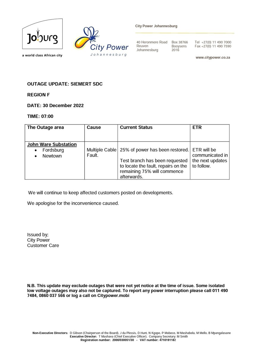 CityPowerJhb's tweet photo. #SiemertOutages #JoburgUpdates
Kindly see attached information for latest updates in #JohnWareSubstation ^MM https://t.co/l76ha4anKK