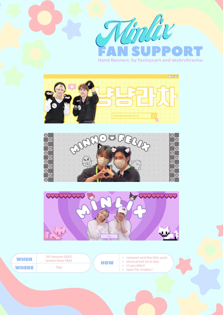 ˚ ༘♡ ⋆｡˚ #BENCHxSTRAYKIDS  fan support banners!

˚₊· ͟͟͞͞➳❥ hello! we will be handing out jeongsung and minlix hand banners for free on d-day 💖

LIMITED STOCKS ONLY! check replies if interested in donating~

for trades, dm me <3 thank you! (っ＾▿＾)