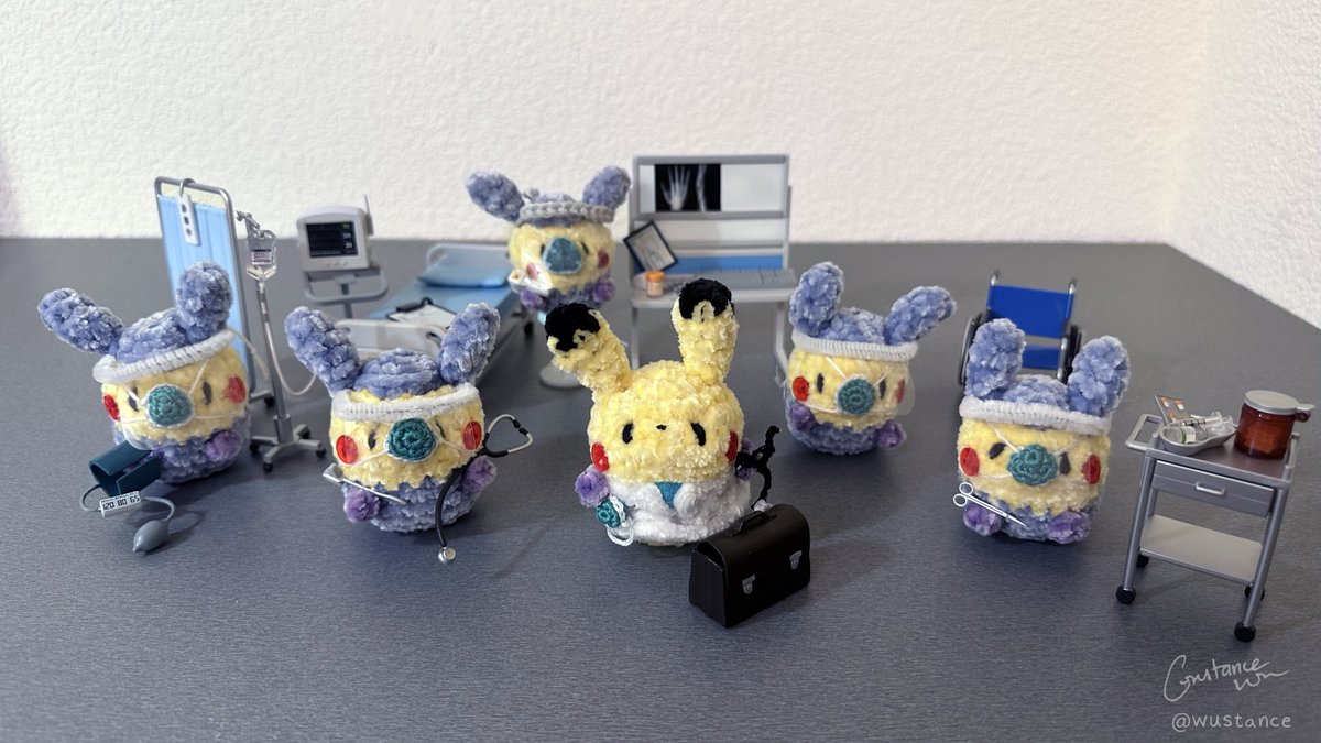 Not a comic but finally finished a crochet project I started end of 2021... for the end of 2022, I present Dr. Pikachu and the PPE-kachus! (Clinic miniatures by Re-ment) <a href="/Pokemon/">Pokémon</a>