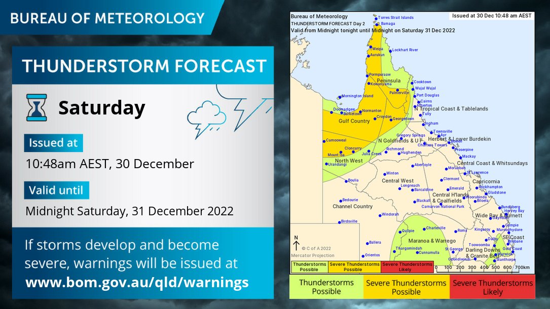 BOM_Qld's tweet image. ⛈️QLD Storm Forecast for Fri 30/12 and Sat 31/12. Severe thunderstorms are possible across the far northwest of the state &amp;amp; the Cape York Peninsula today and Saturday.  Heavy rainfall and damaging winds gusts are the primary hazards as the monsoon ramps up across the Far North.