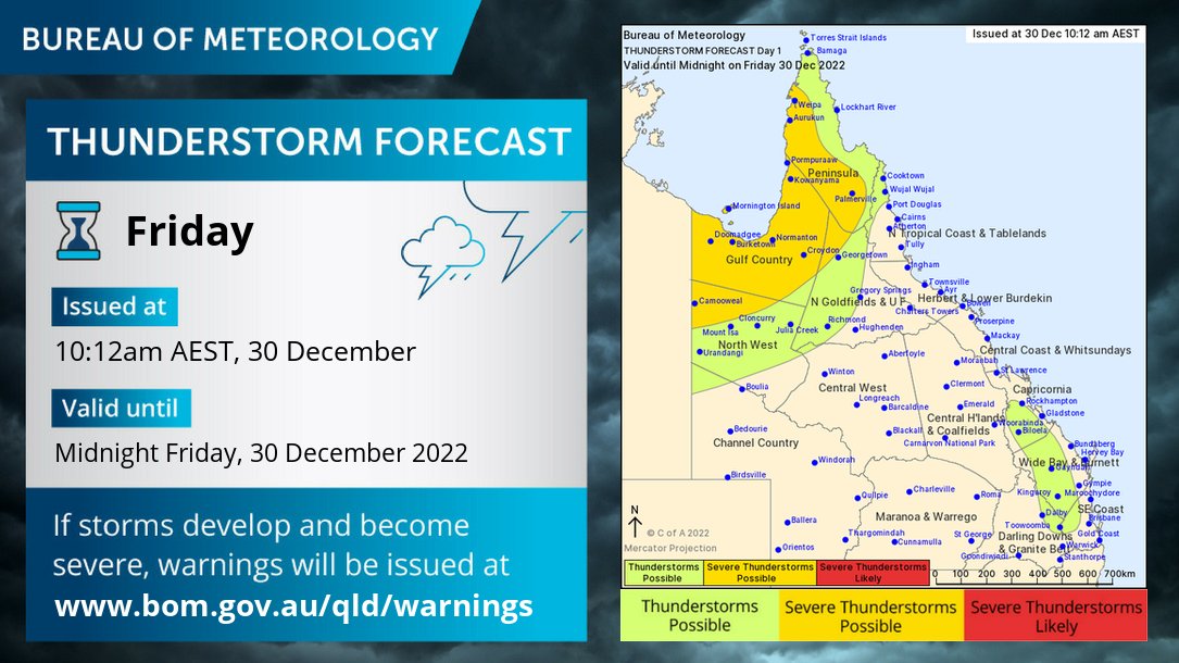 BOM_Qld's tweet image. ⛈️QLD Storm Forecast for Fri 30/12 and Sat 31/12. Severe thunderstorms are possible across the far northwest of the state &amp;amp; the Cape York Peninsula today and Saturday.  Heavy rainfall and damaging winds gusts are the primary hazards as the monsoon ramps up across the Far North.