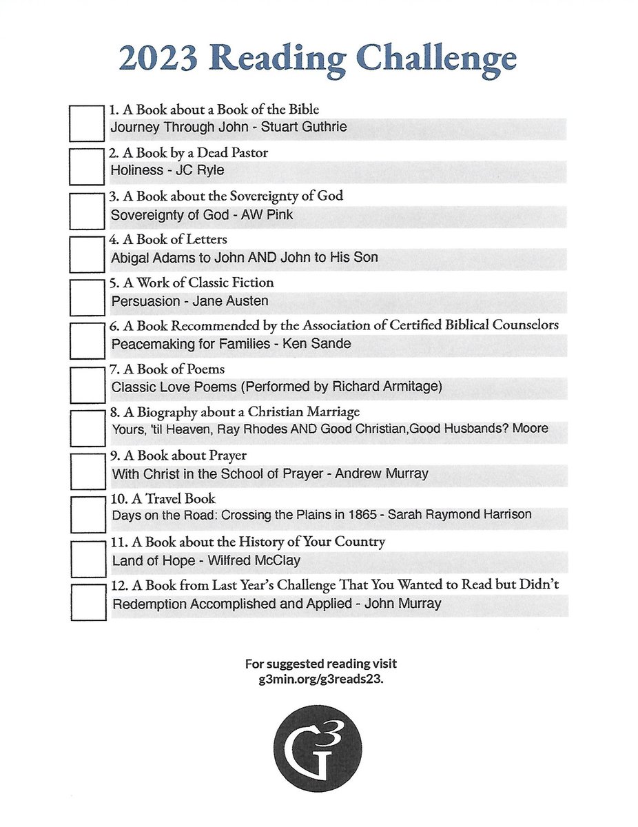kstrader11's tweet photo. Finally finished my plan for #G3Reads 2023 Challenge! Super excited so starting it now! #readingchallenge https://t.co/0dA0U1xB2z