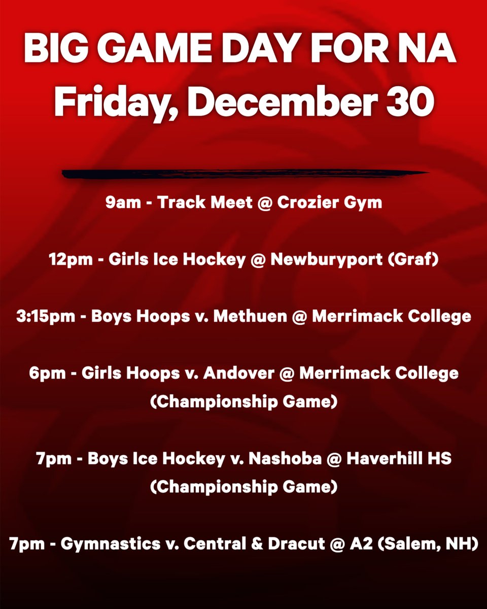 Scarlet Knights (@na_athletics) on Twitter photo SCARLET KNIGHTS - BIG GAME DAY
Looking for something to do tomorrow? Come out and support our teams...so many options.
<a href="/KnightsNaaa/">KnightsNAAA</a> <a href="/chetjackson22/">Chet Jackson</a> <a href="/NA_Basketball1/">NA Basketball</a> <a href="/NA_GirlsBball/">NA Girls Basketball</a> <a href="/HPNAICEHOCKEY/">HPNA Ice Hockey</a> <a href="/MrGreeneNAHS/">Mr. Greene</a> <a href="/NAKnightshockey/">North Andover Boys Hockey</a> <a href="/GuarenteCoach/">Coach Guarente</a> <a href="/NAknightstrack/">NA Knights Track</a> @NASupt <a href="/NAYouthCenter/">NA Youth Center</a> SCARLET KNIGHTS - BIG GAME DAY
Looking for something to do tomorrow? Come out and support our teams...so many options.
<a href="/KnightsNaaa/">KnightsNAAA</a> <a href="/chetjackson22/">Chet Jackson</a> <a href="/NA_Basketball1/">NA Basketball</a> <a href="/NA_GirlsBball/">NA Girls Basketball</a> <a href="/HPNAICEHOCKEY/">HPNA Ice Hockey</a> <a href="/MrGreeneNAHS/">Mr. Greene</a> <a href="/NAKnightshockey/">North Andover Boys Hockey</a> <a href="/GuarenteCoach/">Coach Guarente</a> <a href="/NAknightstrack/">NA Knights Track</a> @NASupt <a href="/NAYouthCenter/">NA Youth Center</a>
