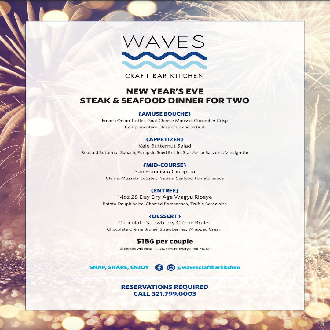 Let's toast to a good time! 🥂 Celebrate New Years Eve at Waves Craft Bar Kitchen and enjoy a steak and seafood dinner for two! Call 321.799.0003 to reserve your table today.