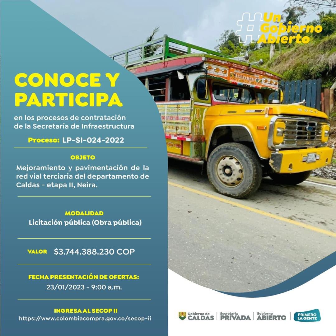 Con el propósito de continuar el mejoramiento vial en 2 kilómetros del sector El Descanso-Magallanes, jurisdicción de #Neira, esta abierta la licitación pública LP-SI-024-2022, hasta el 23 de enero de 2023, por $3.744 millones

🔎 bit.ly/3WwcWih