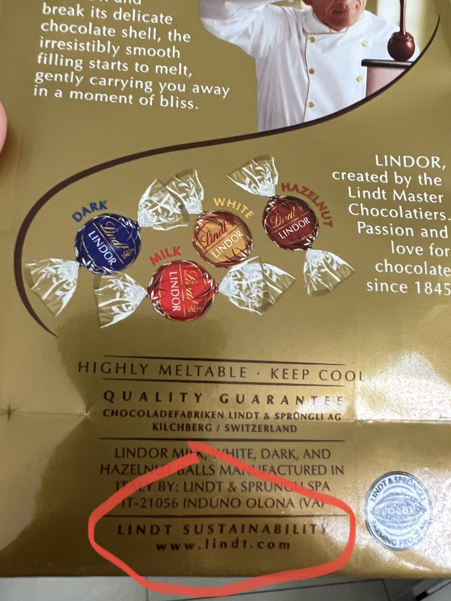 Tim_R_Brown's tweet photo. @Lindt I noticed your sustainability messaging but your packaging is multi-material and difficult to recycle. Both the individual wrappers and the bag. Have you looked at alternatives? https://t.co/gt12oSEeRs