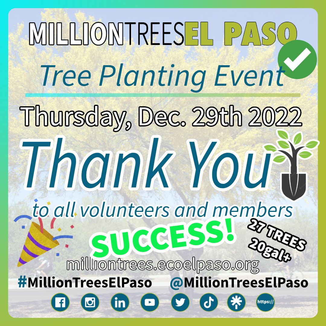 Thank you to all the volunteers, members and fellow neighbors who helped plant 27 native and drought tolerant trees today in the local neighborhood around McCarthy Ave of Mission Valley (79915).  

- -
#EcoElPaso #MillionTreesEP #MillionTreesElPaso #1MTreesEP #1MTreesElPaso