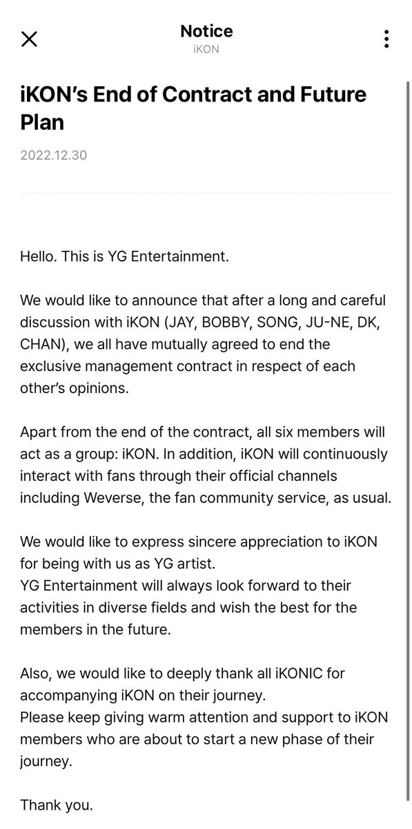gnanique__'s tweet photo. ALL iKON MEMBERS DID NOT RENEW WITH YG ENTERTAINMENT . THEY ARE FREE BUT THE SIX WILL STILL CONTINUE AS A GROUP,  iKON https://t.co/ZNI2HAzrJG