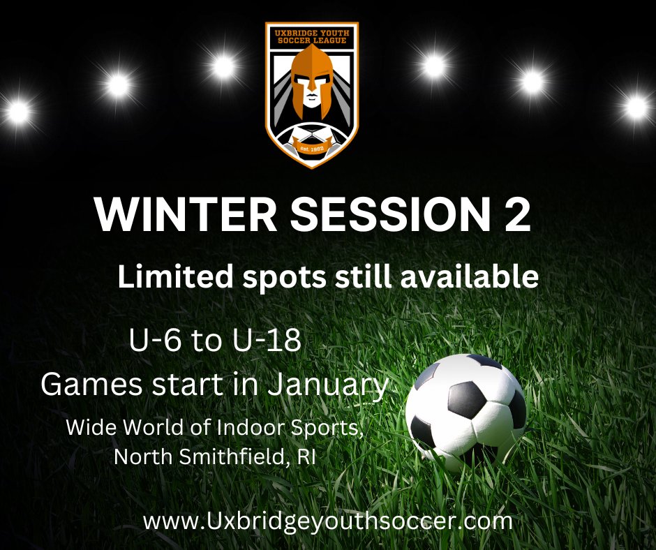 UxbridgeSoccer's tweet photo. We still have limited spots available for the UYSL Winter Session 2. We are looking to fill final roster spots for the following divisions: U6 (2), U8B (1), U8G (3), U12B (3), U12G- Division-C (3), U14G (2), U16G (4). @UHS_Spartans @UxbridgeSports https://t.co/mHKPVdC1ZK