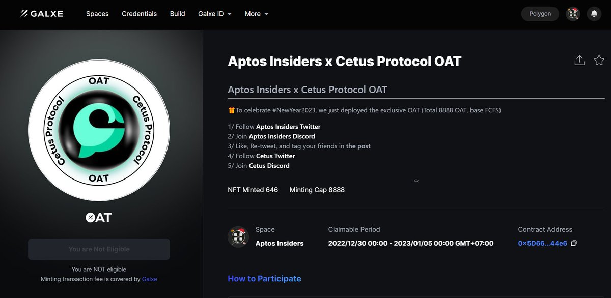 🎁To celebrate #NewYear2023, we just deployed the exclusive OAT (Total 8888 OAT, base FCFS) <a href="/CetusProtocol/">Cetus🐳</a>

Instructions👇
1️⃣ Go to galxe.com/aptosinsiders/… &amp; connect #Metamask wallet (Polygon network)
2️⃣ Complete some simple tasks
3️⃣ Claim OAT

Drop your OAT below👇

#Aptos #OAT
