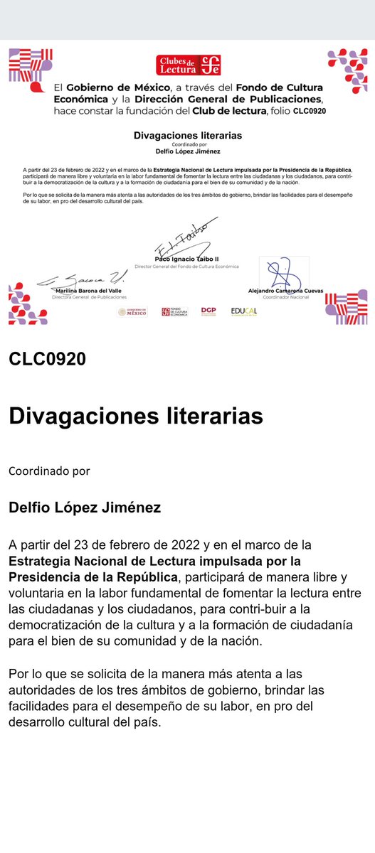 Delfio81's tweet photo. Les comparto mi entusiasmo por haber recibido constancia del acta constitutiva de mi club de lectura DIVAGACIONES LITERARIAS , que emite el Fondo de Cultura Económica. Los invito a explorar en los mundos que cada escritor crea en cada libro que podamos leer. https://t.co/9IMrdY3yED