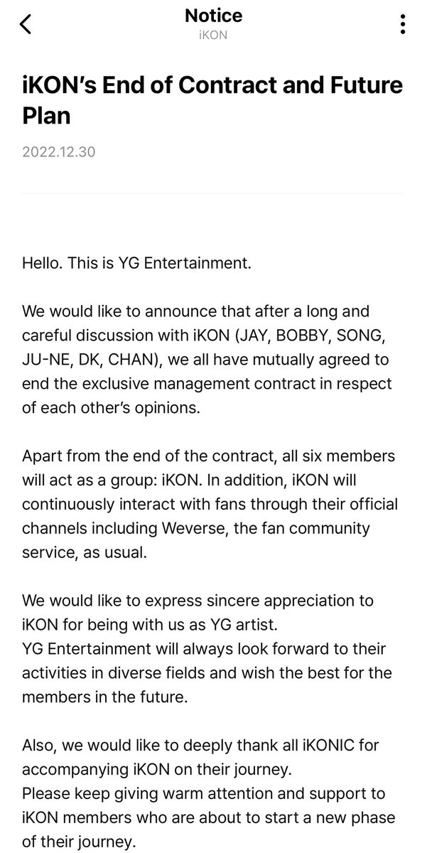ABSCBNNews's tweet photo. K-pop boyband #iKON officially leaves YG Entertainment. 

Announcement posted via the group’s Weverse fan community. | via @sherwintinampay https://t.co/sYd16yCFOf