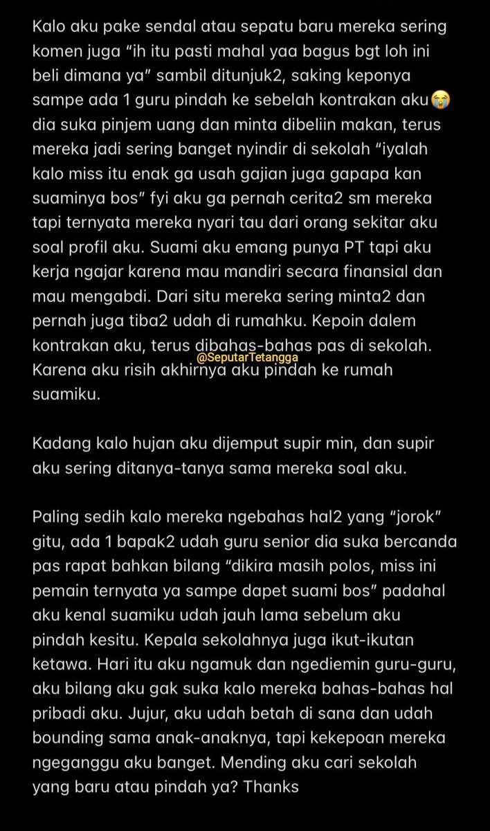 SeputarTetangga's tweet photo. Kelakuan beracun para guru di suatu  sekolah terhadap rekan kerja 😔.

Mulai dari nyinyirin gadget pribadi yg dibawa utk membantu KBM, ngepoin isi kontrakan rekan kerja dan kemudian "dibahas" di sekolah 😭, sampe guru senior yg 🤢

Girl!!!!!! GET OUT!!!! RESIGN😡😡😡 https://t.co/hdb7Gxyn4c