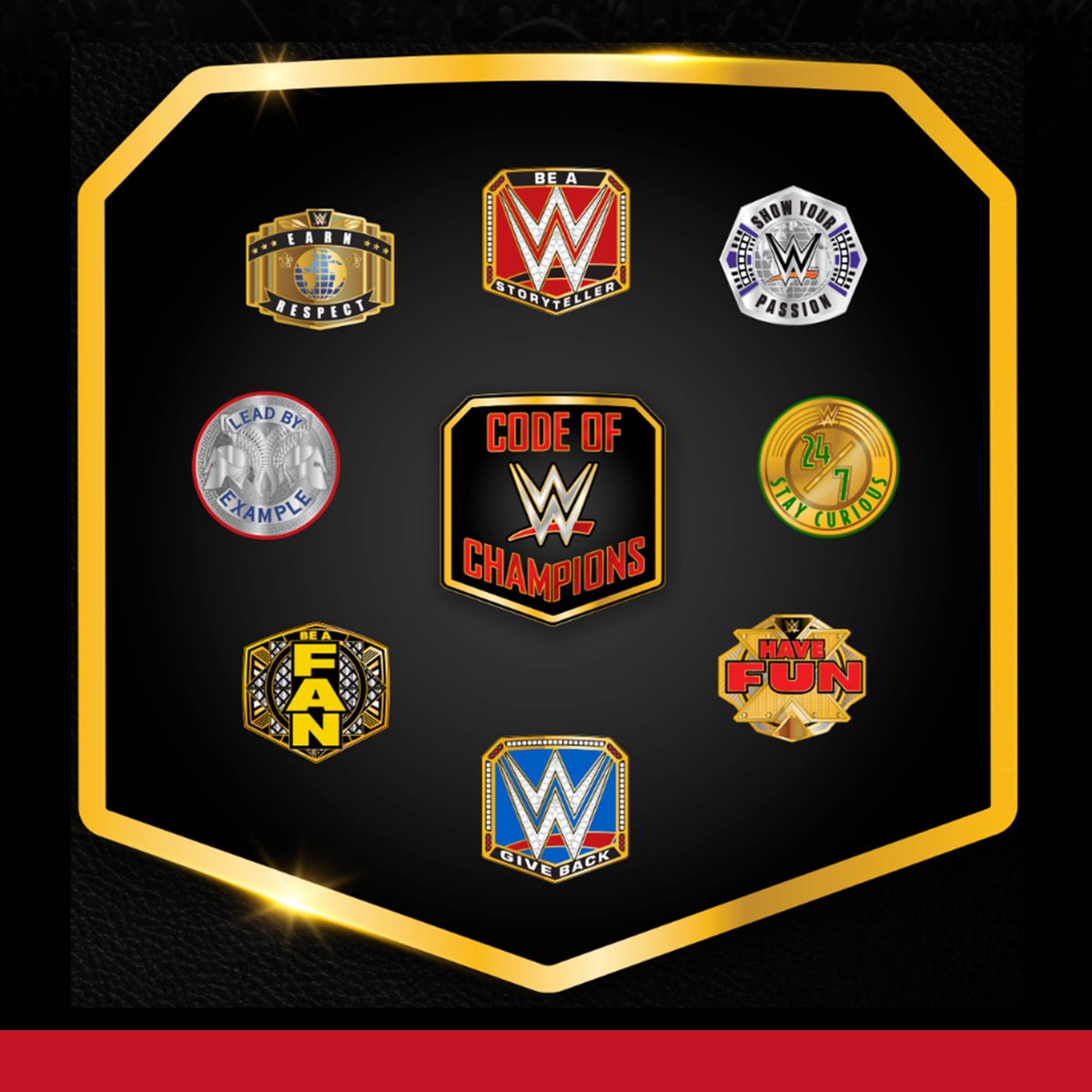 The WWE Code of Champions consists of WWE’s eight core values that our employees live by, including “Show Your Passion,” “Stay Curious,” “Give Back,” and more! Each of the codes supports our mission of putting smiles on people’s faces the world over. #WhereChampionsWork