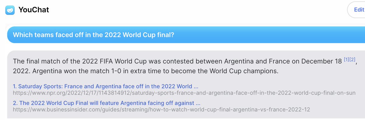 Oh indeed you.com is **hallucinating** Argentina 1-0 France. Wow!