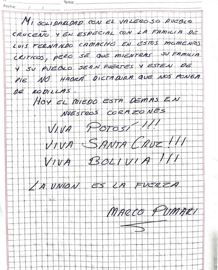 AgustinZambrana's tweet photo. Marco Pumari desde la Cárcel de Cantumarca - Potosí se manifiesta sobre situación del secuestro del Gobernador Luis Fernando Camacho. https://t.co/WRBb8cZ5Fq