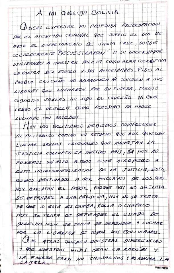 AgustinZambrana's tweet photo. Marco Pumari desde la Cárcel de Cantumarca - Potosí se manifiesta sobre situación del secuestro del Gobernador Luis Fernando Camacho. https://t.co/WRBb8cZ5Fq