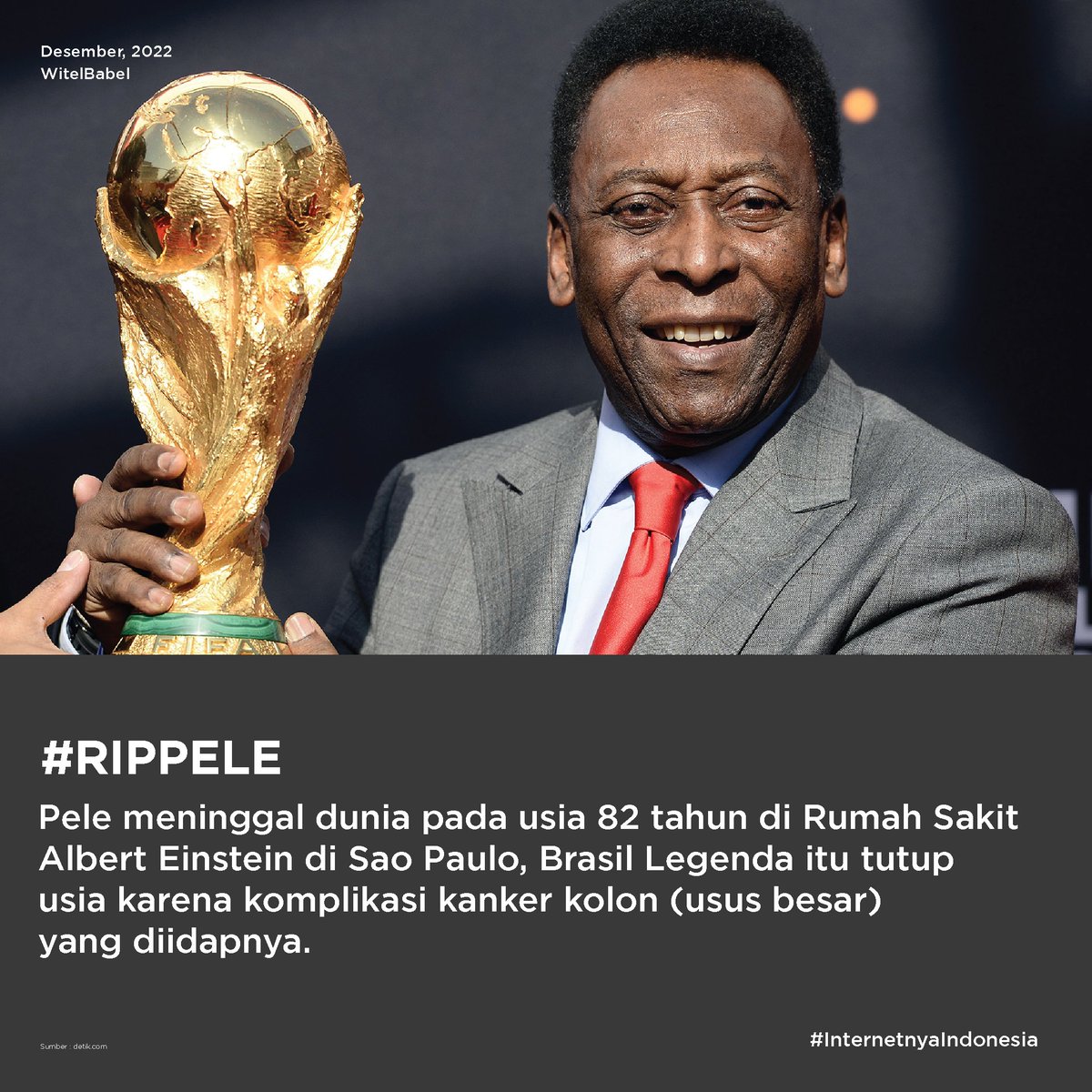witel_babel's tweet photo. Pele meninggal dunia pada usia 82 tahun di Rumah Sakit Albert Einstein di Sao Paulo, Brasil Legenda itu tutup usia karena komplikasi kanker kolon (usus besar) yang diidapnya.
#IndiHome #InternetnyaIndonesia #AktivitasTanpabatas #Witelbabel #RIPPele https://t.co/lQtF6Tcxtg