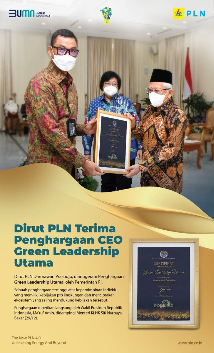 SiroLaw3's tweet photo. Penghargaan Proper Emas diberikan pada PLN karena telah menjalankan tata kelola lingkungan yang baik dan berupaya mengurangi emisi GRK & non GRK, efisiensi sumber daya energi, pemakaian air serta 3R limbah dan memberdayakan masyarakat sesuai prinsip SDGs dan GCG
#PLNGreenLeader https://t.co/PR1MJvs0Ag
