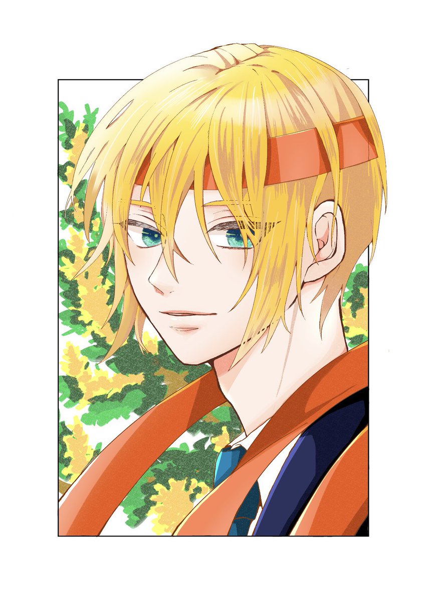 1boy male focus blonde hair solo necktie headband looking at viewer  illustration images