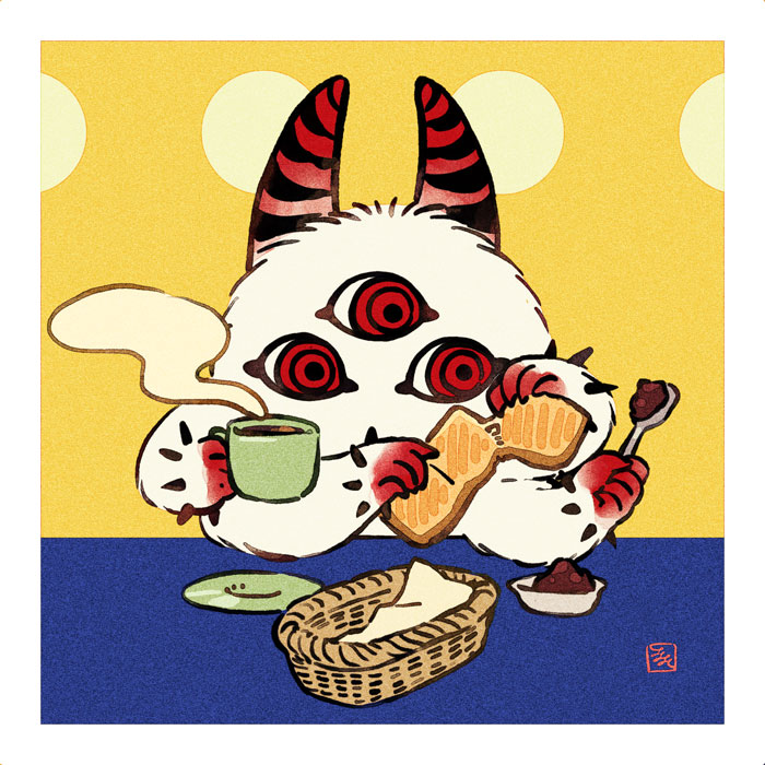table fruit kotatsu horns mandarin orange red eyes food  illustration images