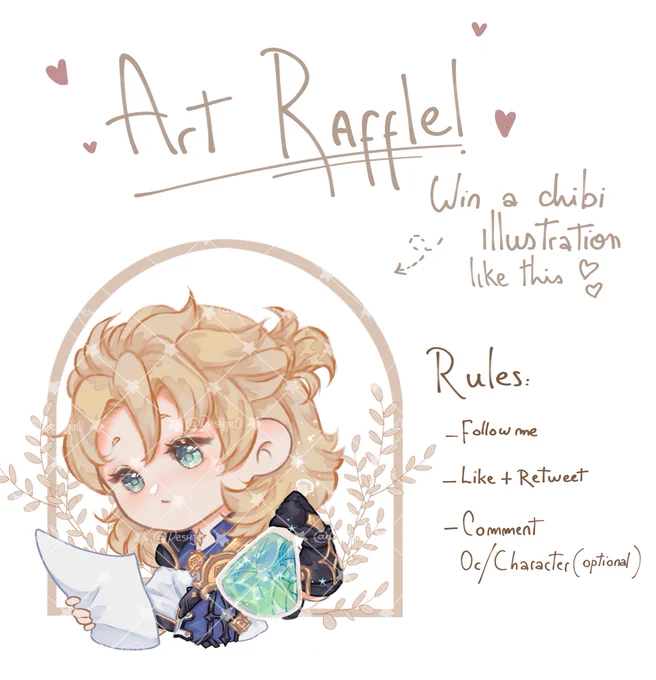 ✨ Thanks for the 800 followers and for supporting my art ;o; so here's an art raffle! ✨

Rules;
-Follow me
-Like this post + retweet
-Comment your Oc/Character (optional)
Deadline January 5
Good luck 💕 