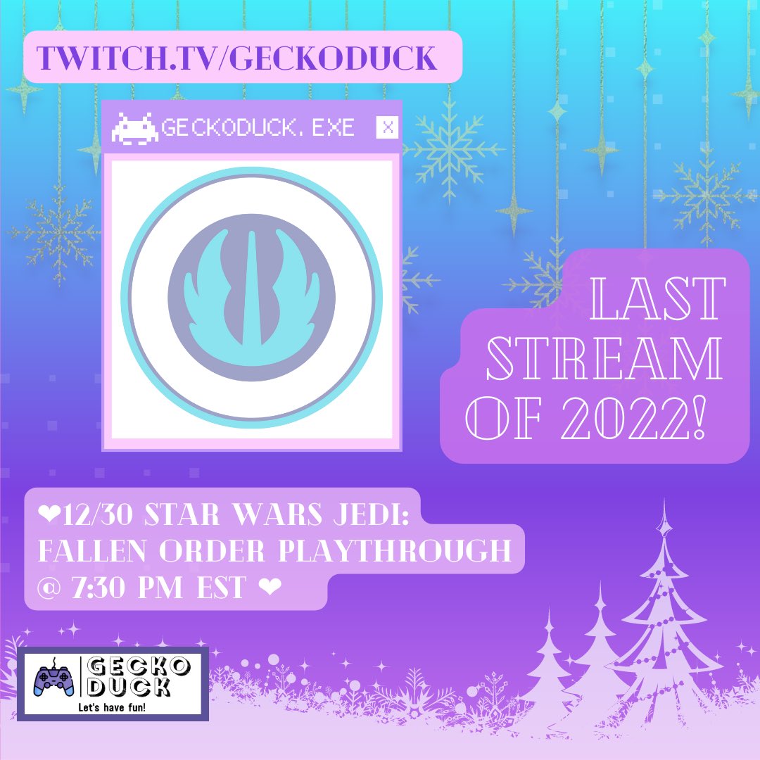 Gecko_Duck's tweet photo. ✨STREAM TOMORROW ✨
Last stream of 2022! I will closing out the year with a #StarWarsJediFallenOrder #playthrough! Hope to see you for as little or as long as you can ❤️🦎🦆
https://t.co/ZPCTot2mzd
#GeckoDuck #NewYear #Twitch #TwitchStreamer #StarWars #NonbinaryStreamer https://t.co/R25XPVDbGn