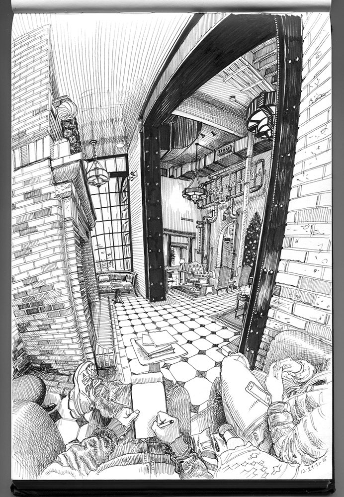 One of my favorite drawings, from the lobby of the Emma Hotel in San Antonio 7 years ago. This one took two visits to complete, one with Linda crocheting next to me and one by myself.