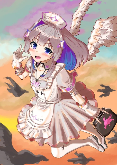 夕日に照らされるナースかなたそさんで今年のお絵描きはフィニッシュですVtuberさんにそのファンの皆々様一年間いいねRTコメントなど本当にありがとうございました来年は画力うなぎのぼりで天の川銀河を突破する予定です #かなたーと 