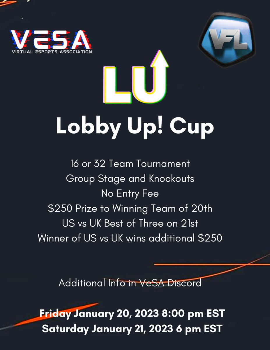 Huge shoutout to <a href="/TheVFL_/">VFL</a> for partnering with us for this amazing opportunity for US Pro Clubs. Huge shoutout to <a href="/lobbyupesports/">Lobby Up! eSports</a> for sponsoring the tournament! 

#WorldSeries #Proclubs #VESA