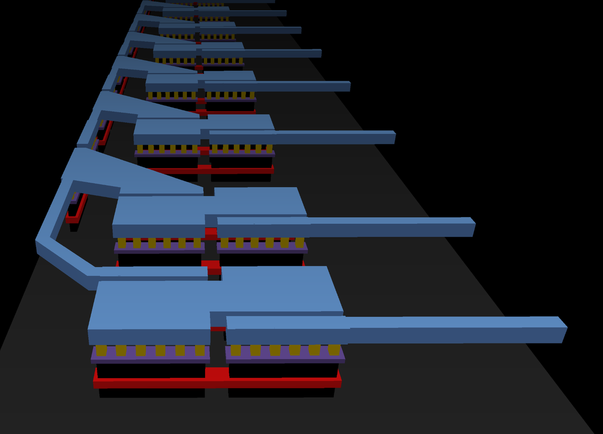 hansfbaier's tweet photo. R2R Ladder in #Sky130 using #KLayout, #3D view https://t.co/JC1bZE3Jgn